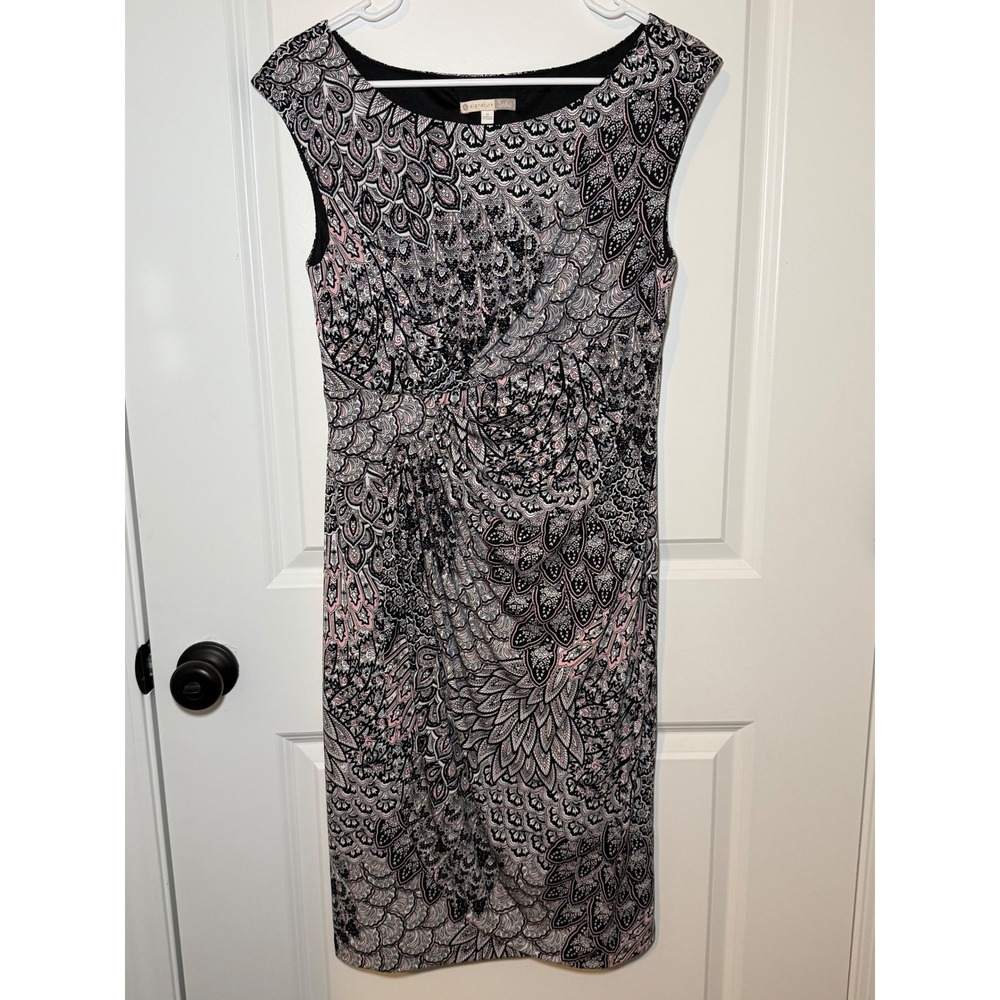 Dressbarn Women Pink Black Paisley Feather Knot‎ Front Sheath Dress Size 10